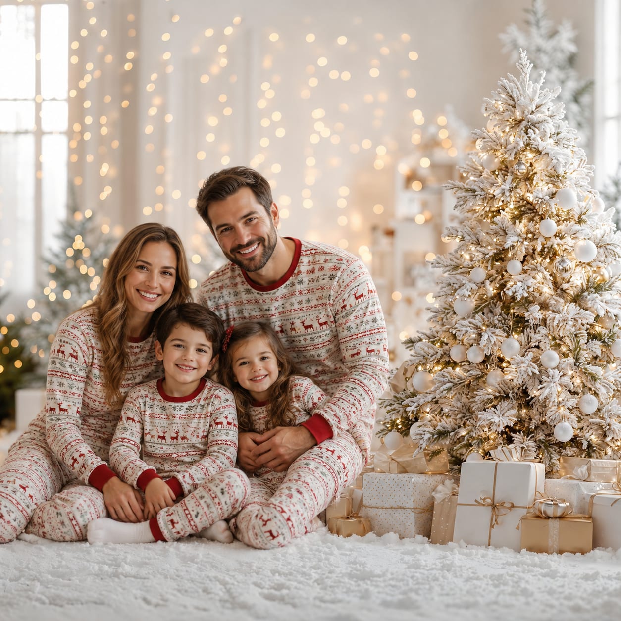 Family of four in matching Christmas pajamas beside a bright flocked tree and warm holiday lights.