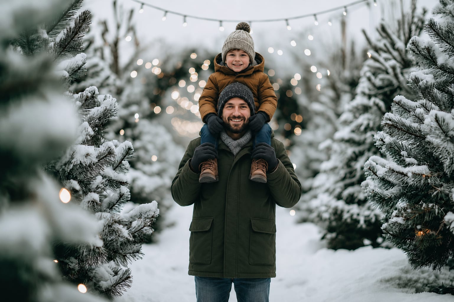 Father carrying his young child through a snowy Christmas tree setting with warm string lights.