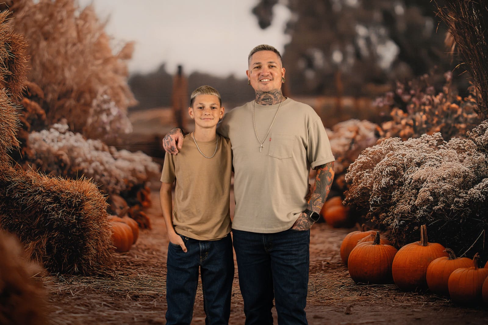 Father with his arm around his son in the harvest field mini set.